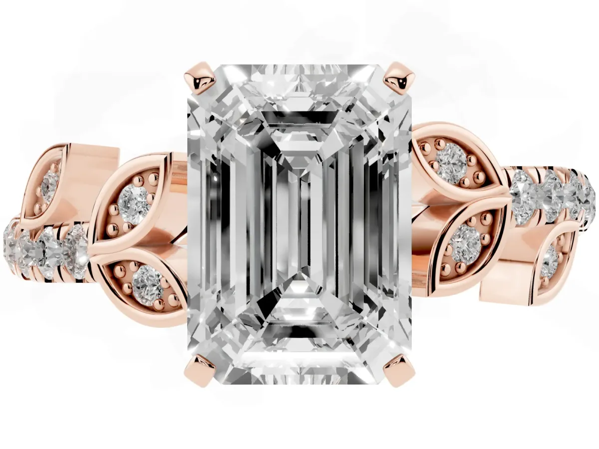 Emerald Cut Solitaire Leaf-Inspired Diamond Ring with Pavé Band and Four-Prong Setting Rose gold