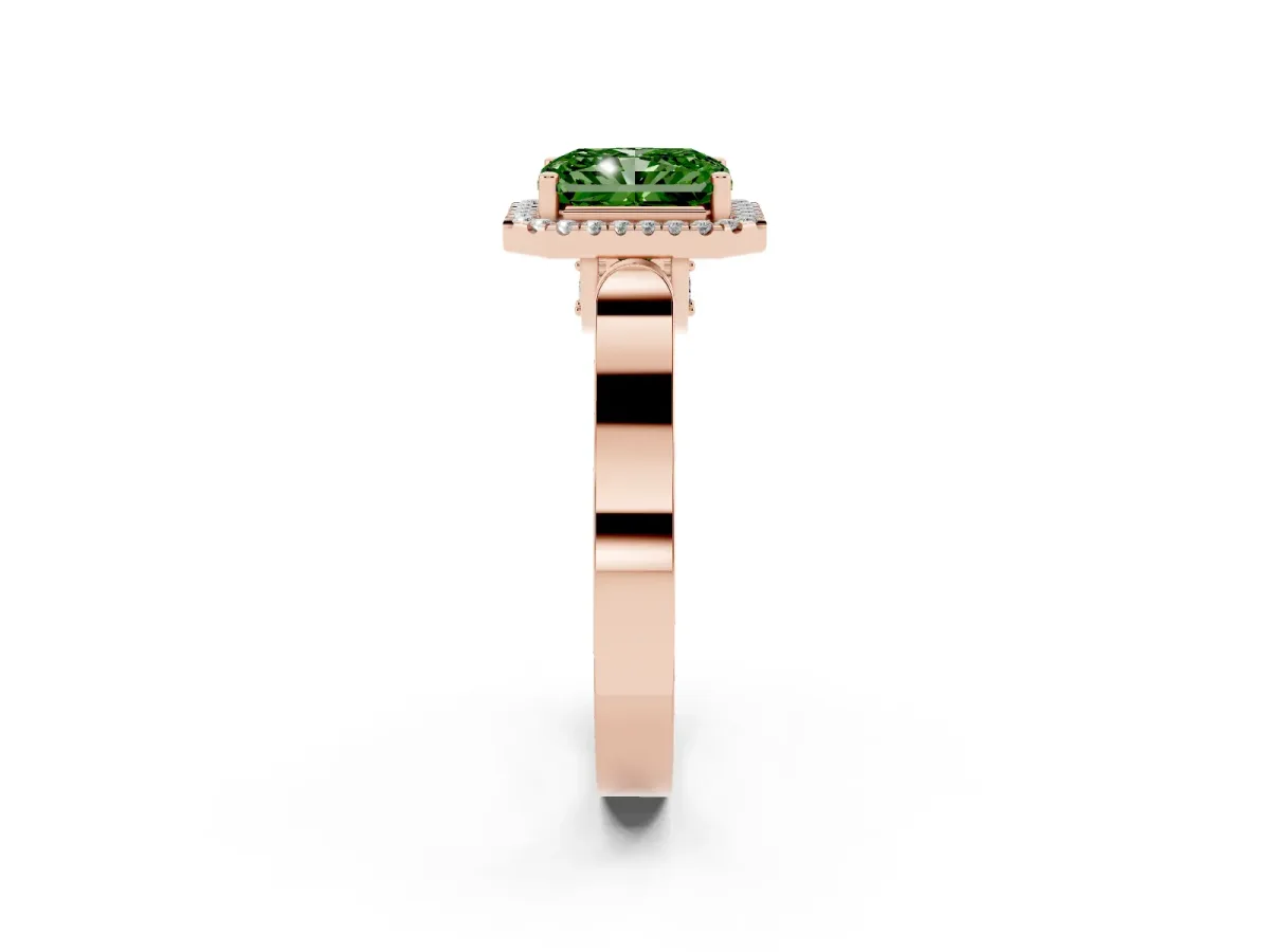Fancy Green Radiant Cut Halo Round Diamond Twist Band with Four-Prong Setting Rose gold