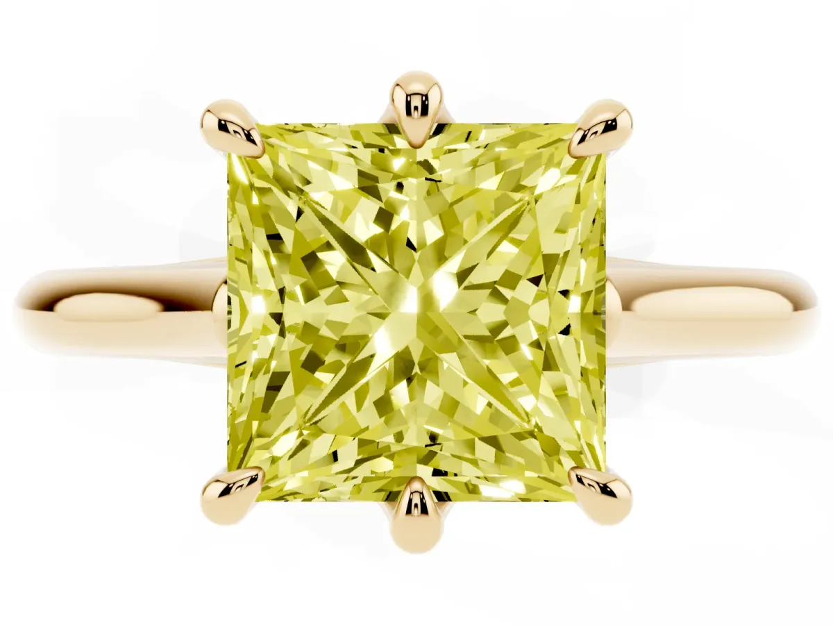 Fancy Yellow Princess Cut Solitaire Engagement Ring with Six-Prong Setting and Classic Band Yellow gold