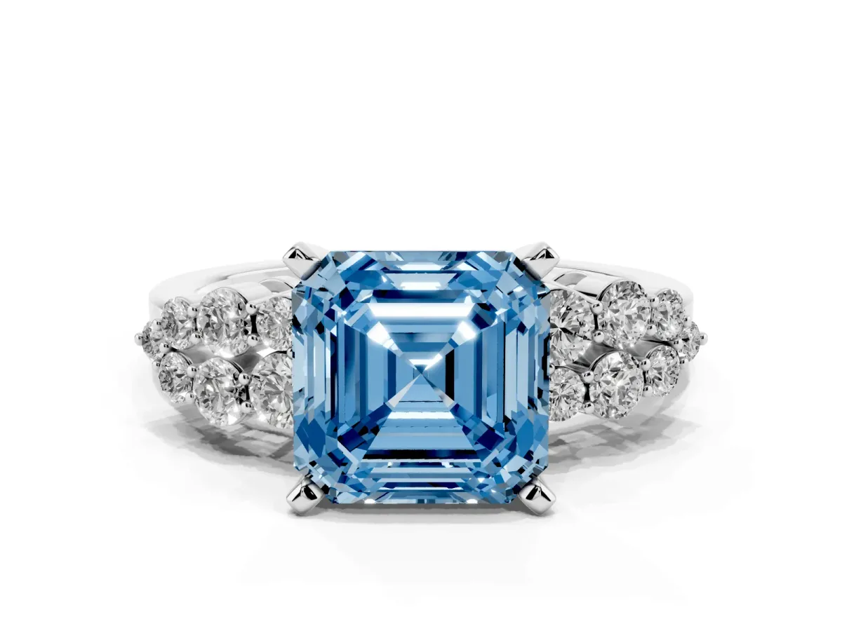 Fancy Blue Asscher Cut Cluster Diamond Engagement Ring with Pavé Band and Four-Prong Setting Silver