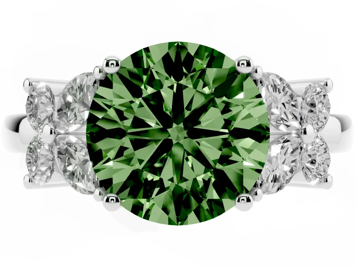 Fancy Green Round Cut Diamond Floral Cluster Ring with Solitaire Band and Prong Setting Silver