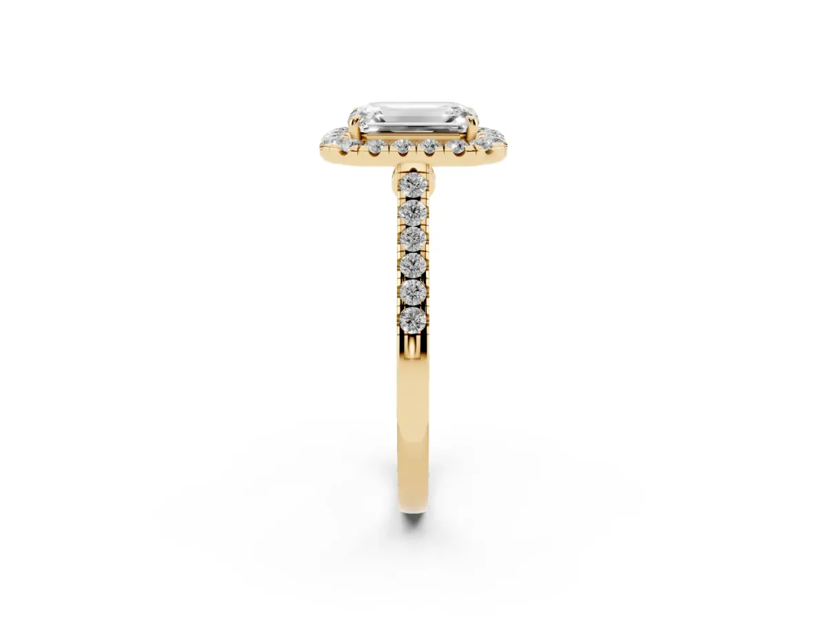 Emerald Cut Halo Pave Diamond Engagement Ring with Four-Prong Setting Yellow gold