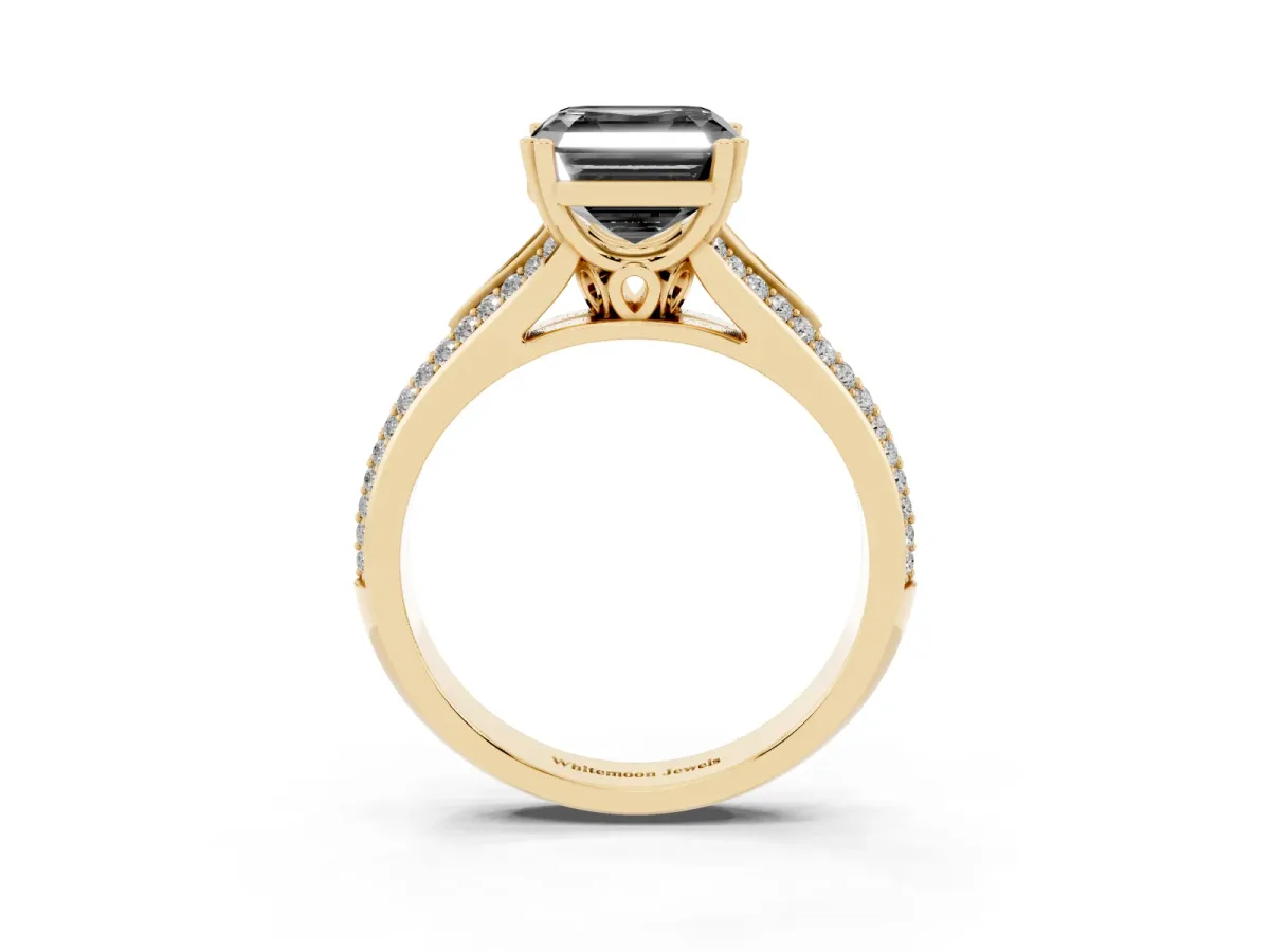 Fancy Black Asscher Cut Diamond Split Shank Engagement Ring with Pavé Band Yellow gold