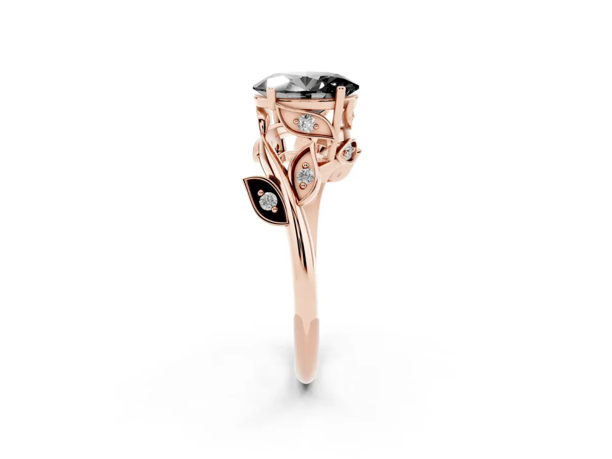 Fancy Black Oval Cut Solitaire Twist Engagement Ring with Leaf Accents and Prong Setting Rose gold