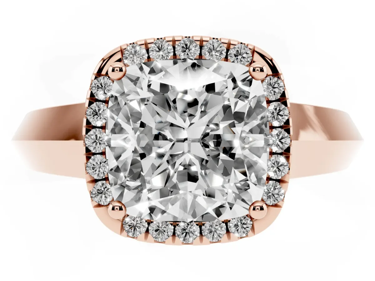 Cushion Cut Halo Diamond Ring with Cathedral Band and Four-Prong Setting Rose gold
