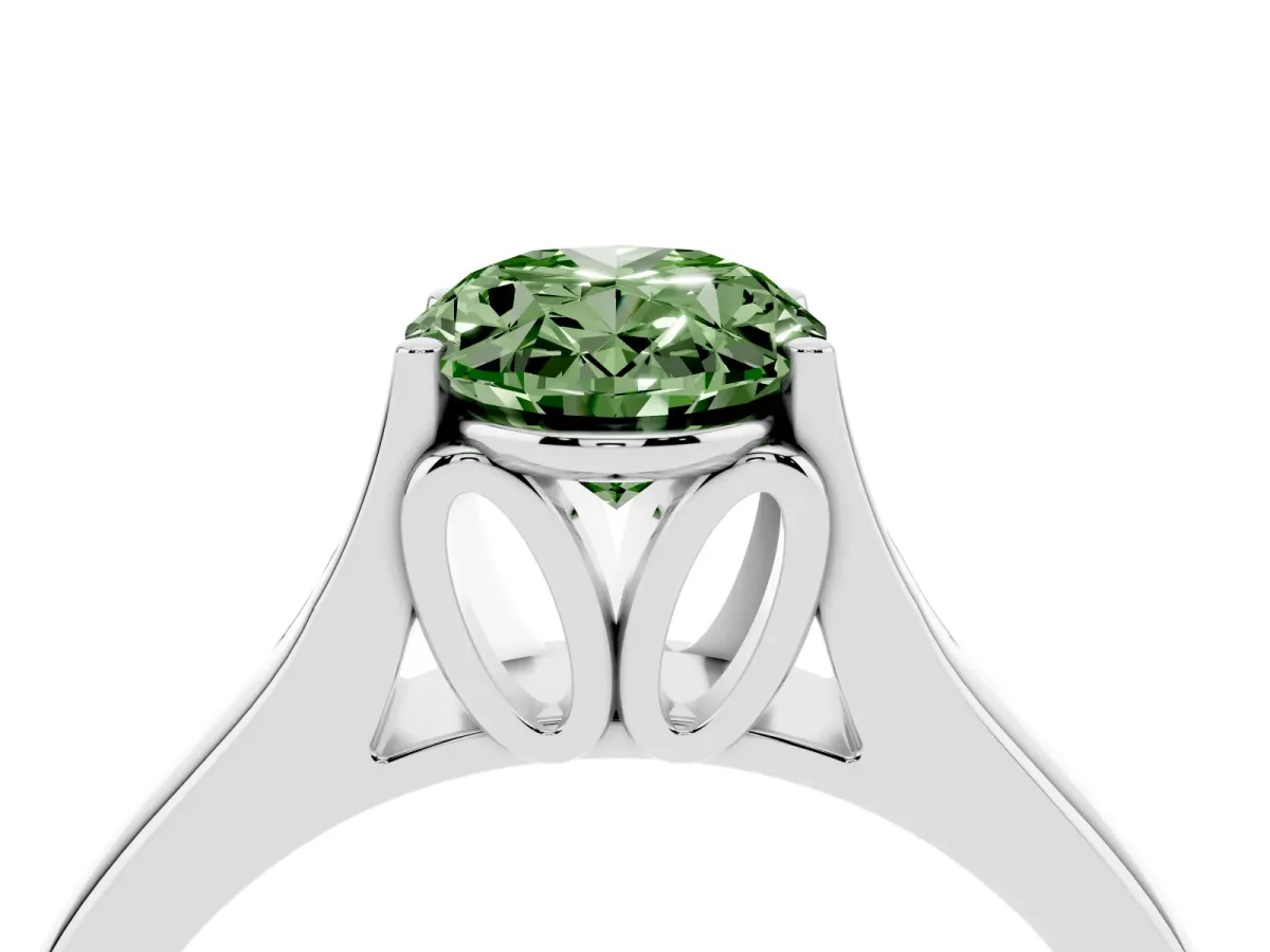 Fancy Green Oval Cut Solitaire Diamond Ring with Cathedral Band and Four-Prong Setting Silver