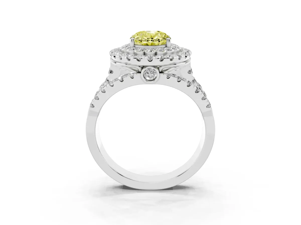 Fancy Yellow Oval Cut Diamond Double Halo Ring with Round Pavé Split Shank and Prong Setting Silver