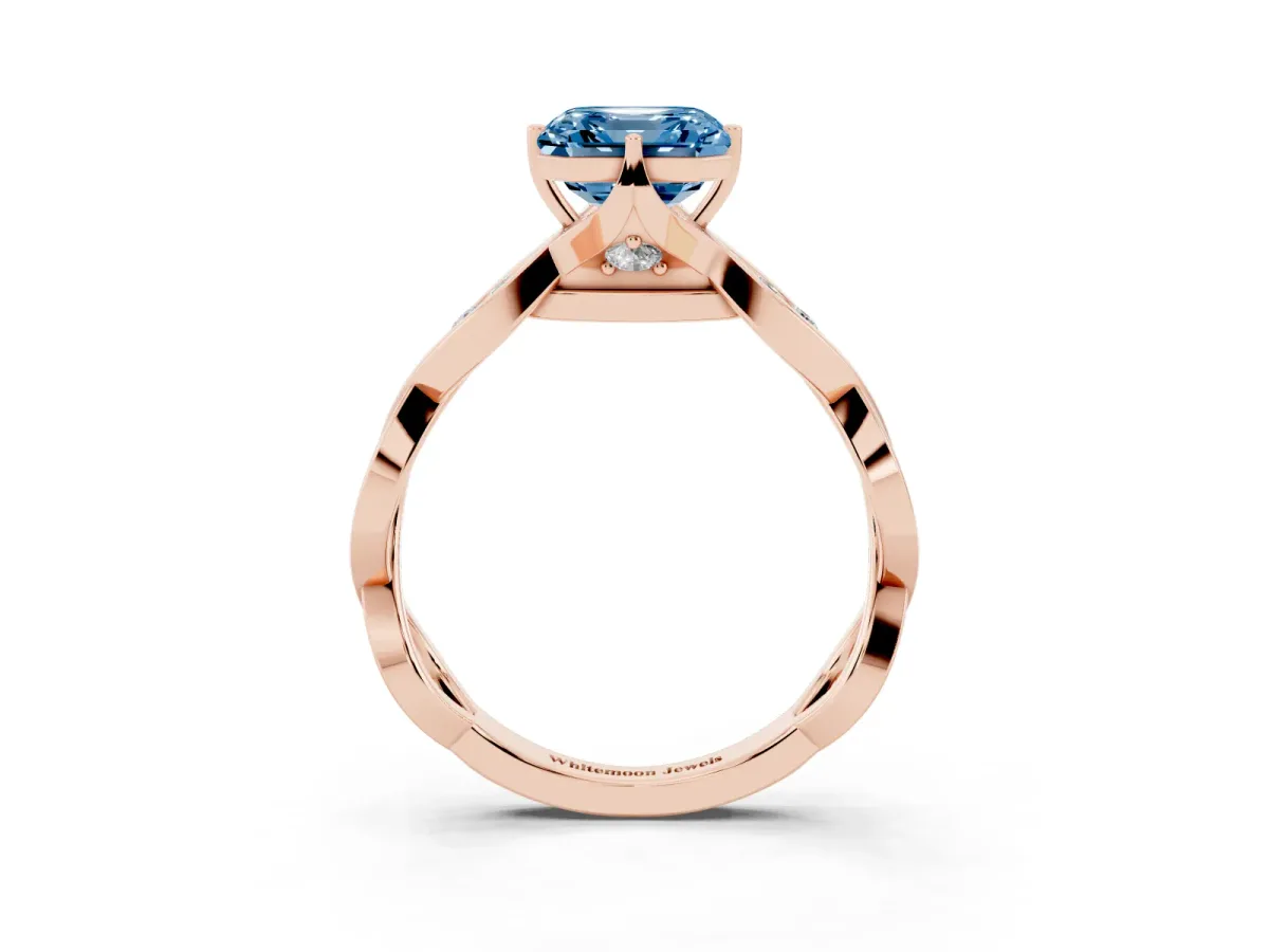 Fancy Blue Asscher Cut Solitaire Twist Band with Leaf Prong Setting Rose gold