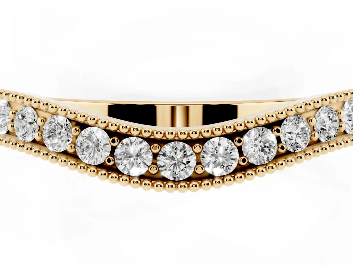 Round Brilliant Milgrain Bezel Set Diamond Wave Band Yellow gold