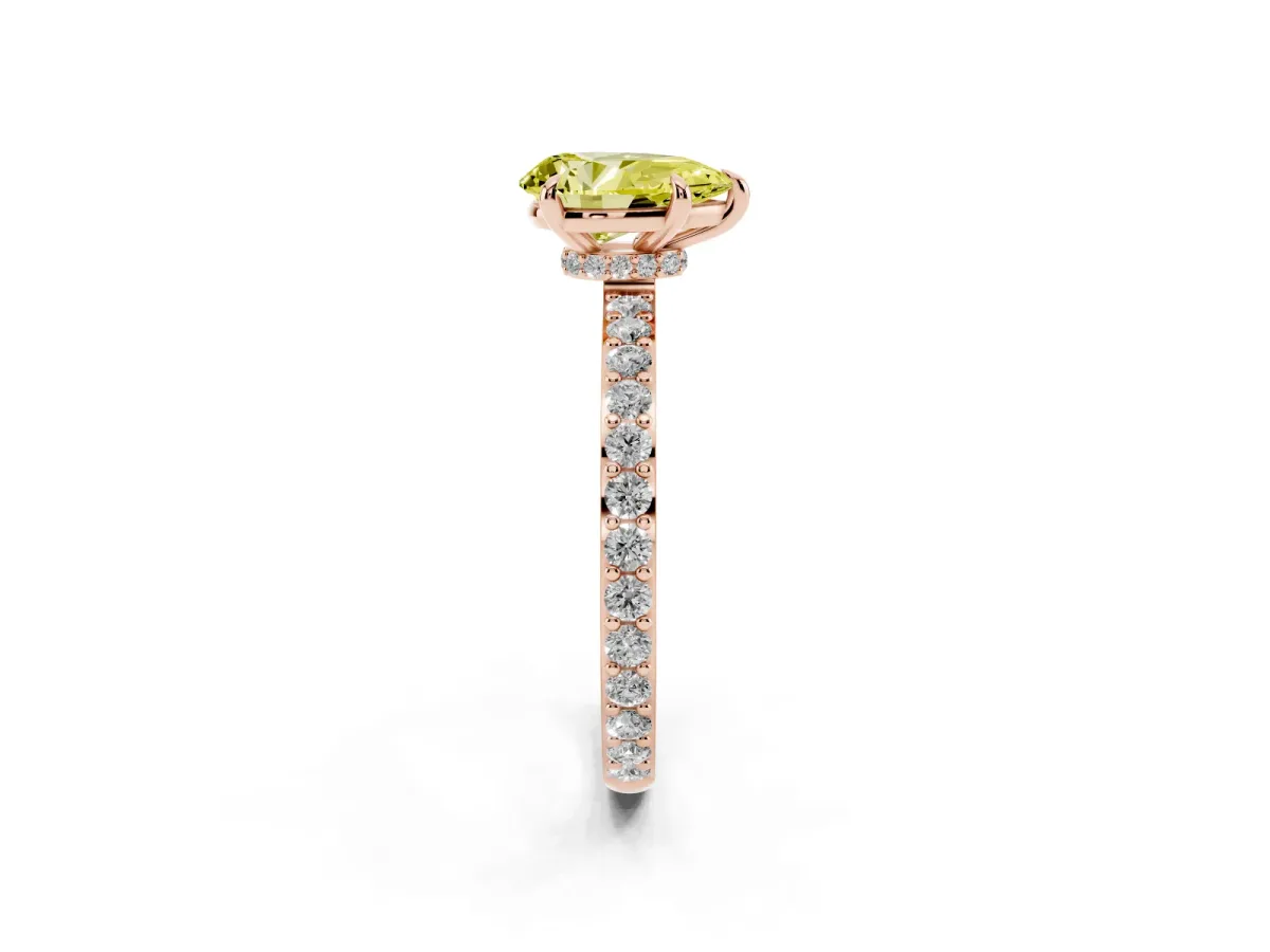 Fancy Yellow Pear Cut Diamond Pavé Engagement Ring with Round Accents and Prong Setting Rose gold