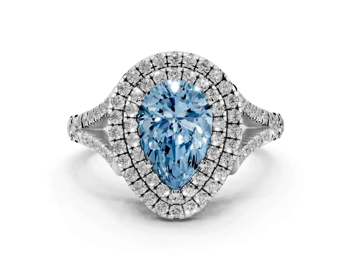 Fancy Blue Pear Cut Diamond Double Halo Ring with Split Shank and Prong Setting White gold