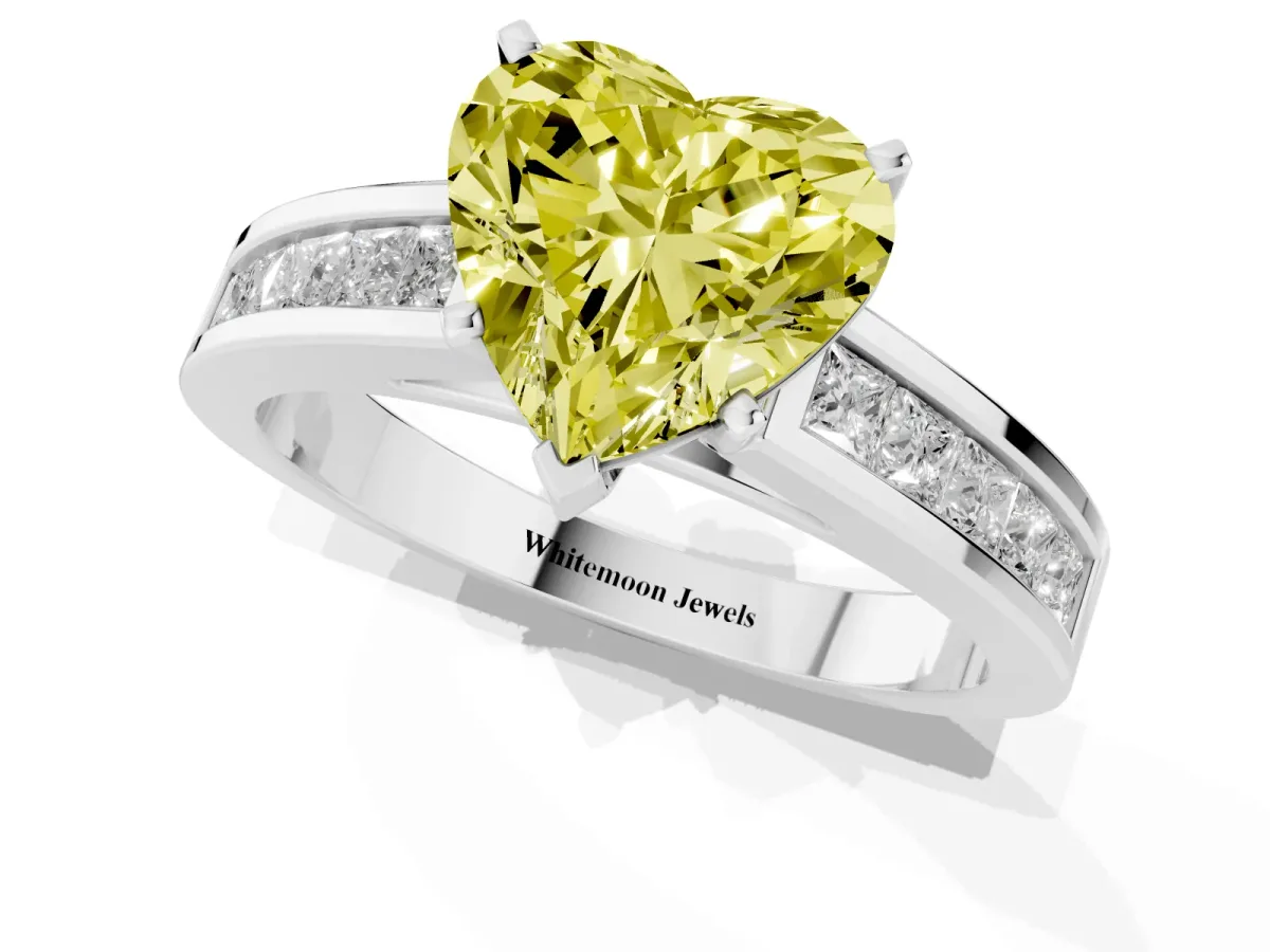 Fancy Yellow Heart Cut Solitaire Diamond Ring with Channel-Set Band and Four-Prong Setting Silver