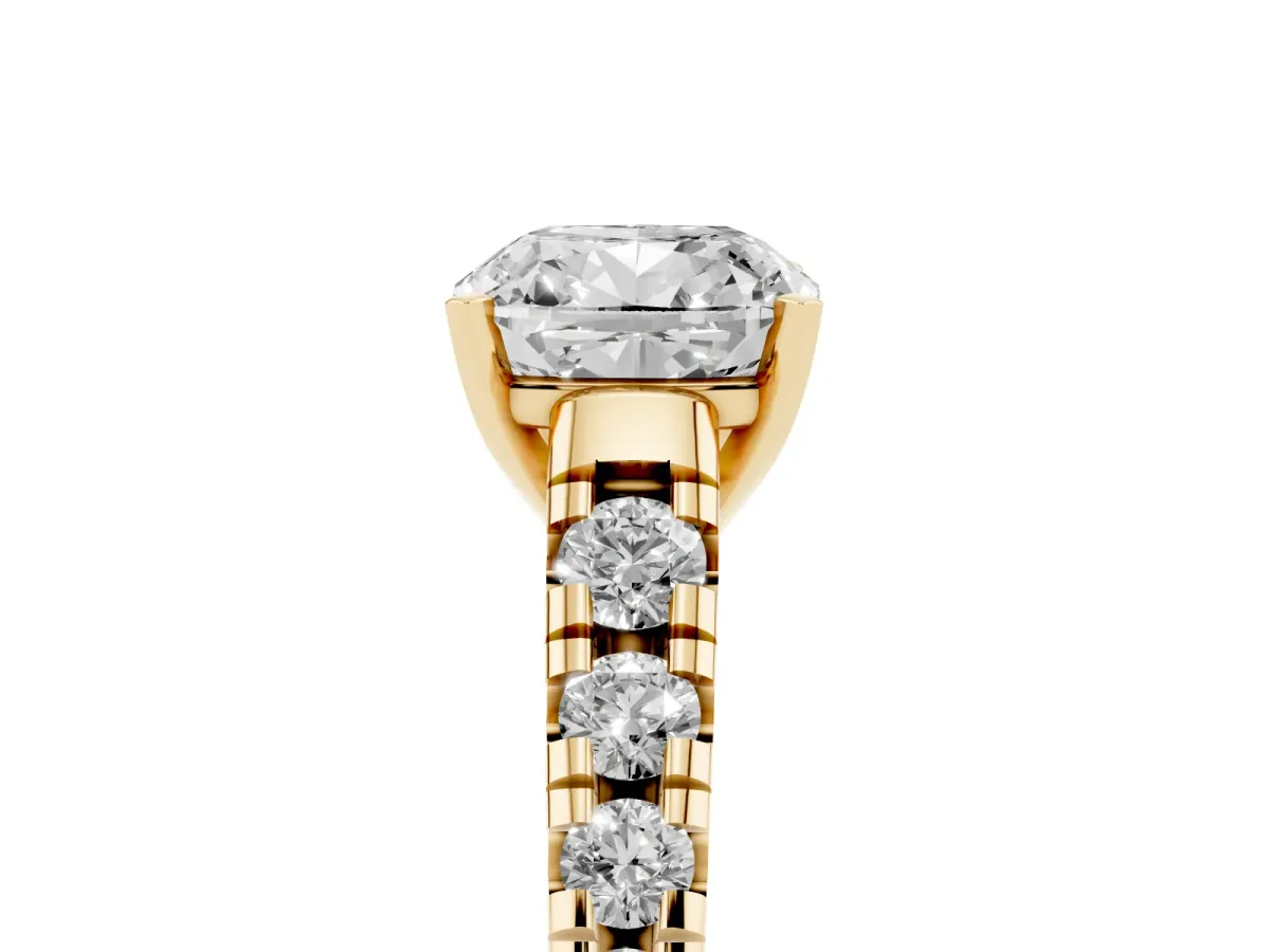 Cushion Cut Diamond Cathedral Solitaire Ring with Round Pavé Band Yellow gold