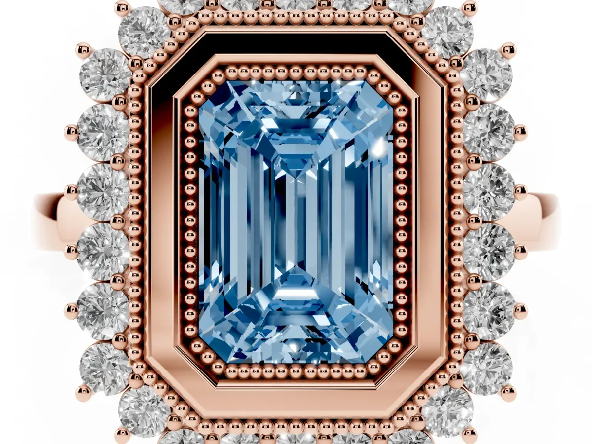 Fancy Blue Emerald Cut Halo Diamond Ring with Milgrain Edge and Round Prong Setting Rose gold