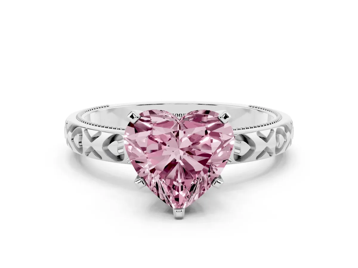 Fancy Pink Heart Cut Solitaire Diamond Engagement Ring with XO Engraved Band and Four-Prong Setting White gold