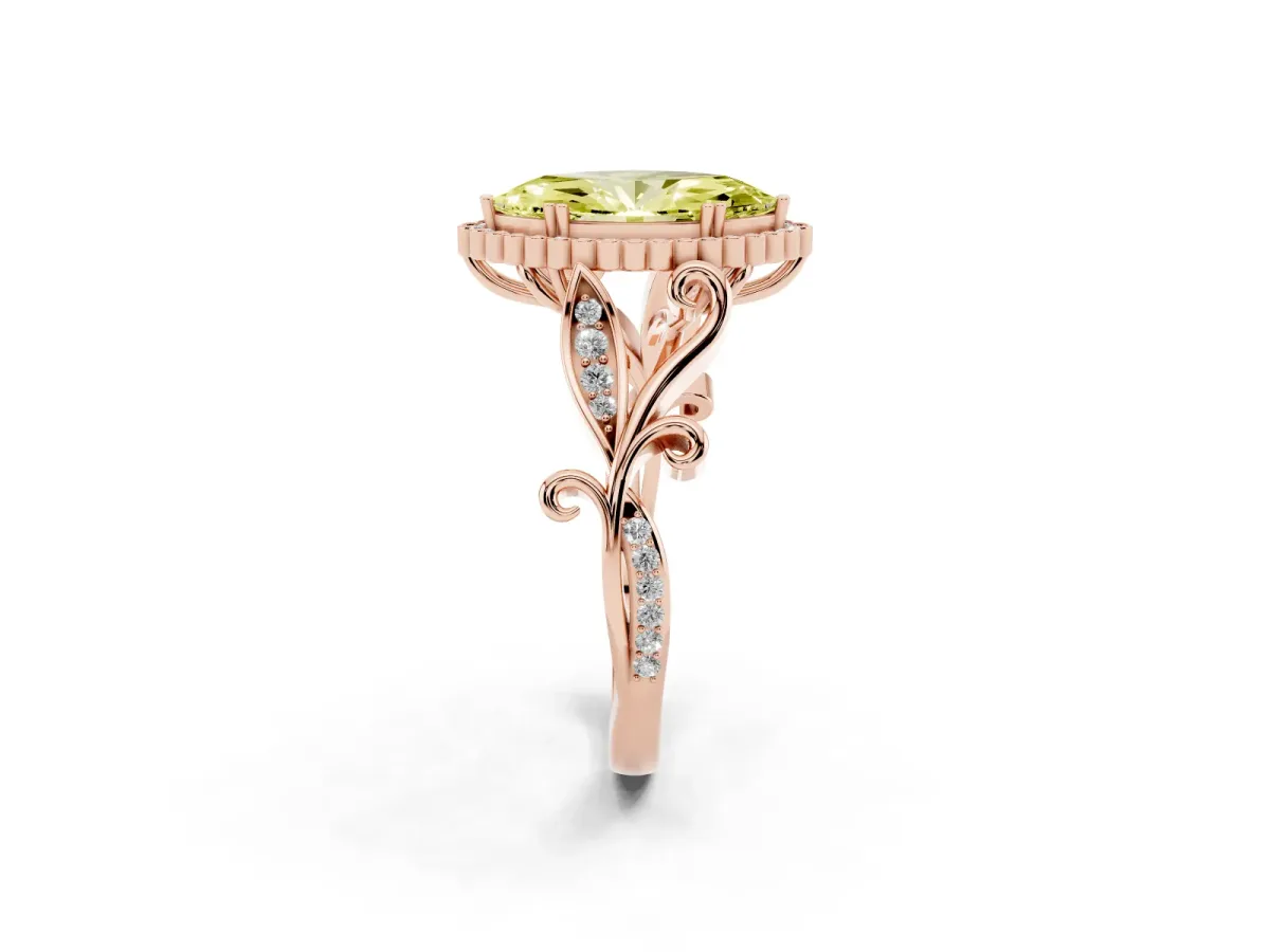 Fancy Yellow Marquise Cut Diamond Halo Ring with Vintage Split Shank and Four-Prong Setting Rose gold