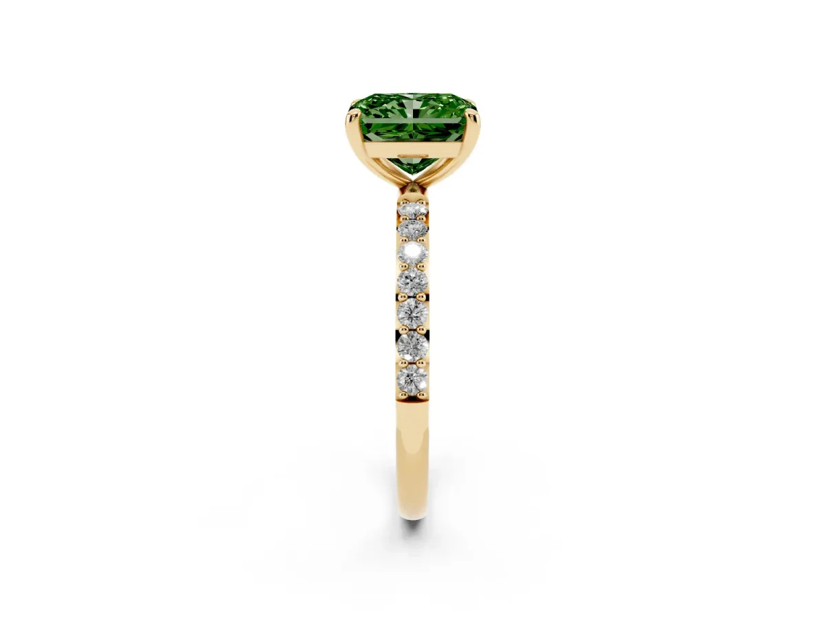 Fancy Green Radiant Cut Diamond Solitaire Ring with Round Pavé Band and Prong Setting Yellow gold