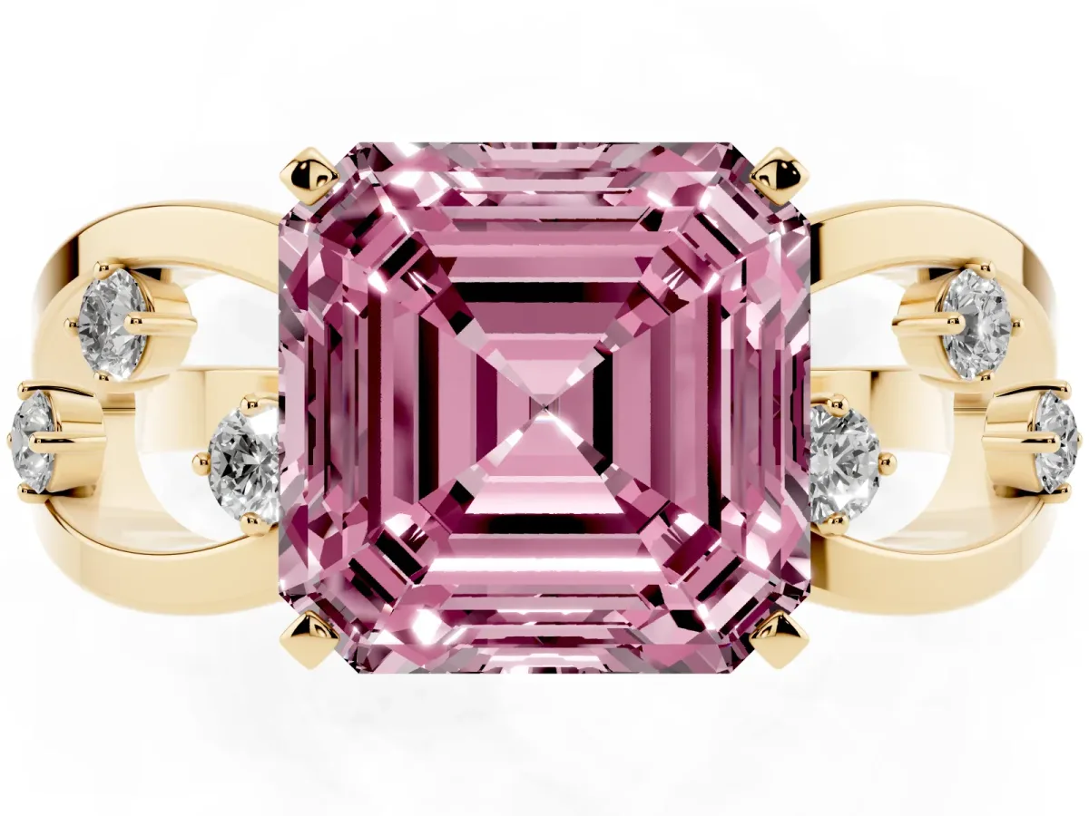 Fancy Pink Asscher Cut Cut Solitaire Diamond with Side Stones on Criss-Cross Band and Four-Prong Setting Yellow gold