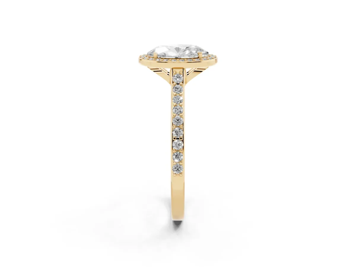 Oval Cut Diamond Halo Engagement Ring with Round Pavé Shoulders and Prong Setting Yellow gold