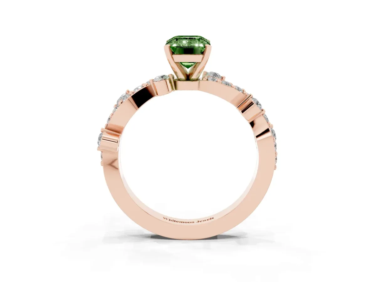 Fancy Green Emerald Cut Cut Solitaire Diamond Twisted Band with Pave Setting Rose gold
