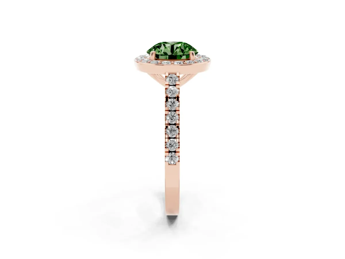Fancy Green Round Cut Diamond Halo Ring with Round Pavé Split Shank and Prong Setting Rose gold