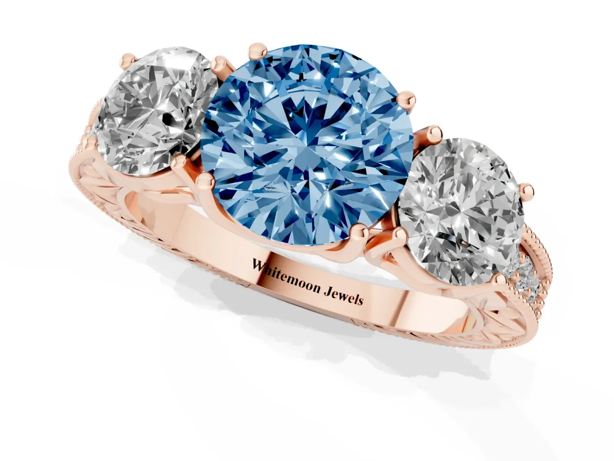 Fancy Blue Three-Stone Round Cut Cut Milgrain Pavé Engagement Ring Rose gold