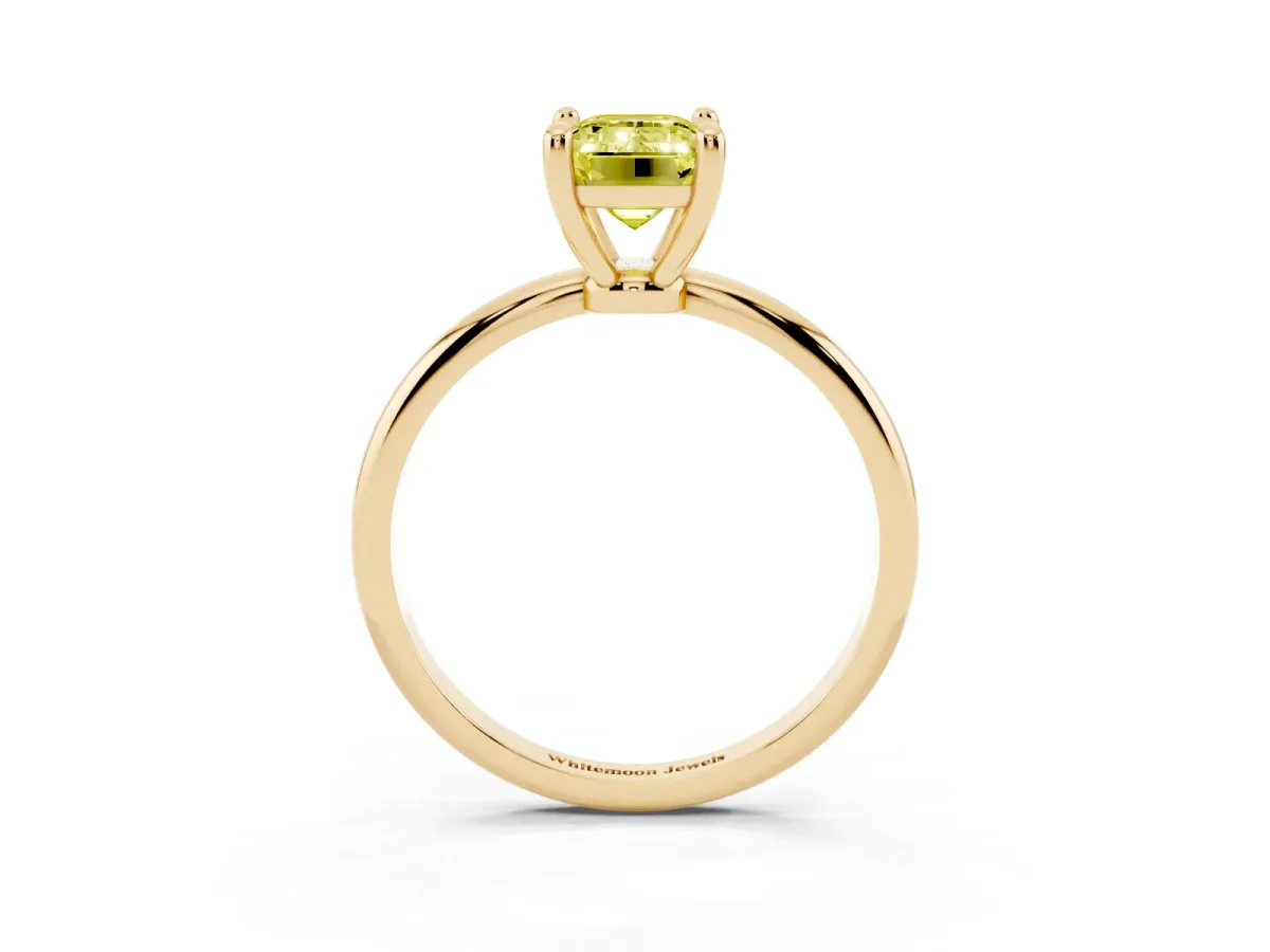 Fancy Yellow Emerald Cut Solitaire Diamond Ring with 4-Prong Setting on a Classic Band Yellow gold