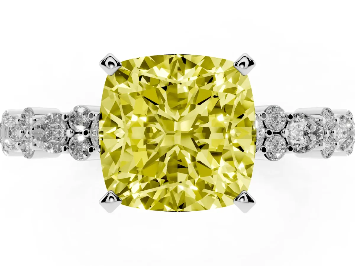 Fancy Yellow Cushion Cut Diamond Side Stone Solitaire Ring with Round and Four-Prong Setting Silver