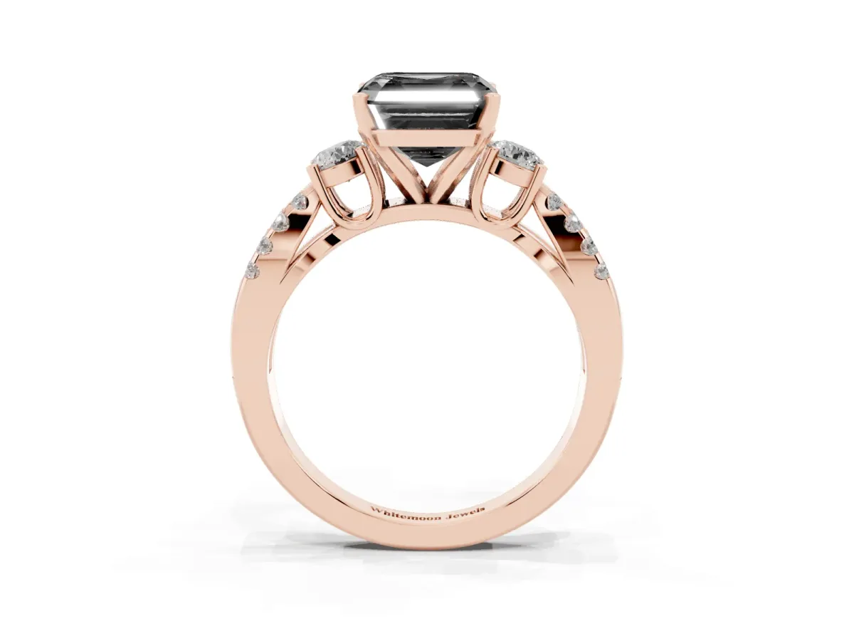Fancy Black Asscher Cut Diamond Three-Stone Ring with Pavé Split Shank and Four-Prong Setting Rose gold