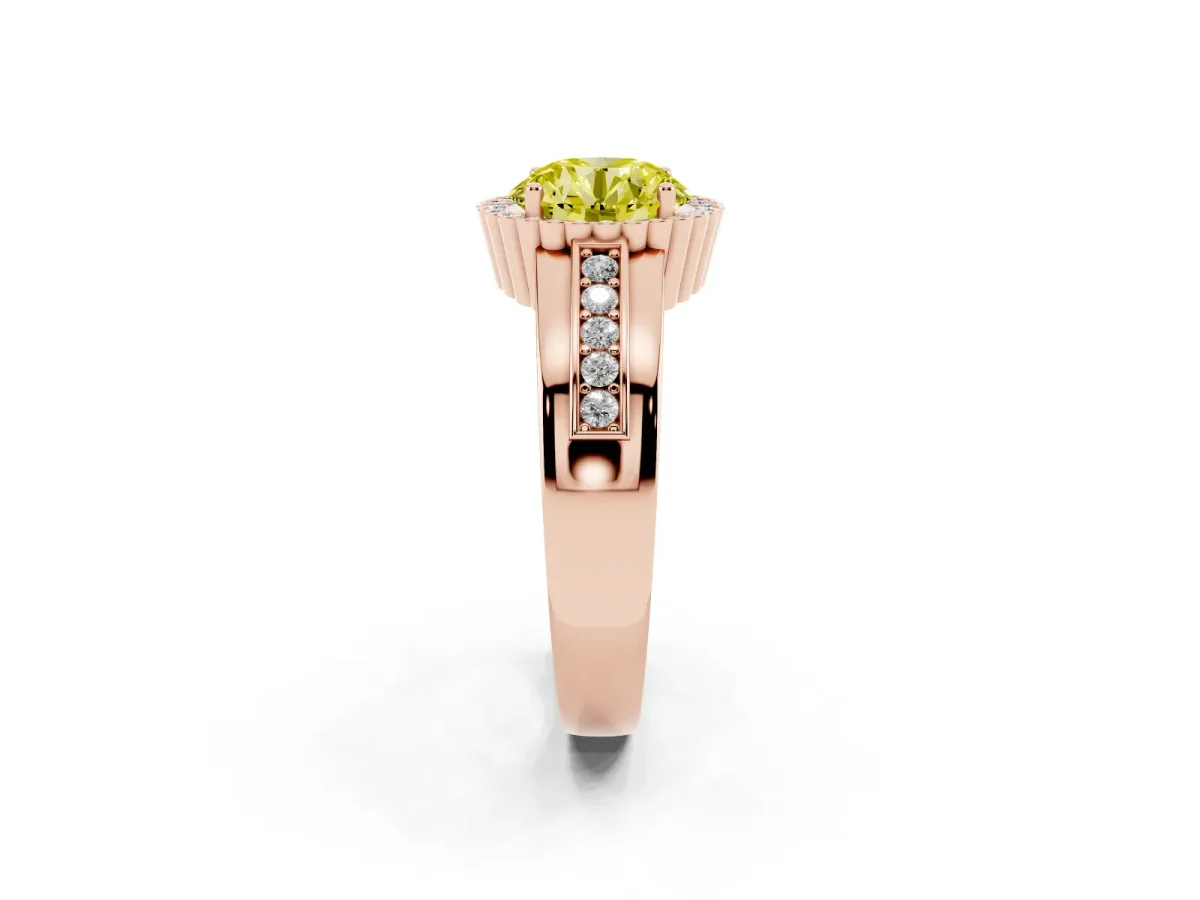 Fancy Yellow Round Cut Cut Halo Pave Band Four-Prong Ring Rose gold