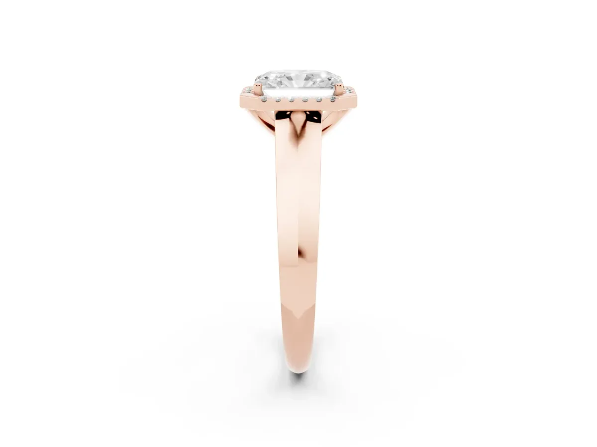 Radiant Cut Halo Diamond Ring with Cathedral Band and Four-Prong Setting Rose gold