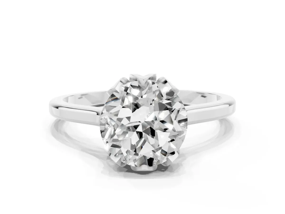 Round Cut Diamond Solitaire Ring with Flower Prong Setting and Classic Band Silver