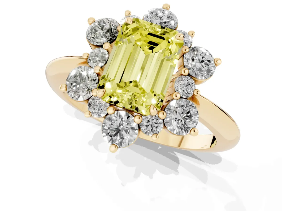 Fancy Yellow Emerald Cut Diamond Cluster Halo Ring with Solitaire Band and Four-Prong Setting Yellow gold