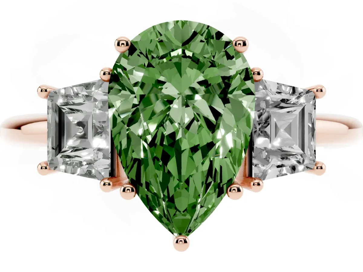 Fancy Green Pear Cut Diamond Three-Stone Ring with Trapezoid Side Stones and Prong Setting Rose gold