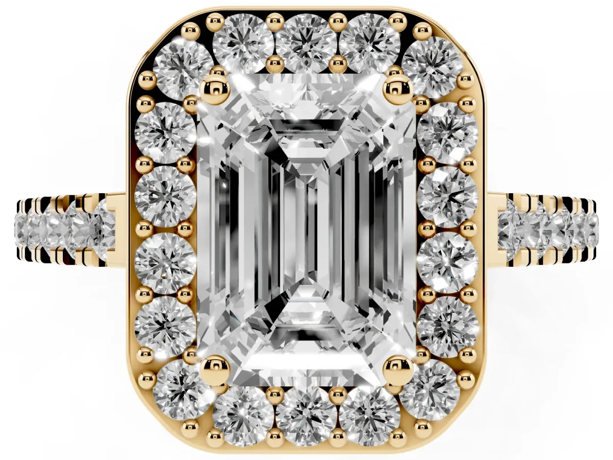 Emerald Cut Diamond Halo Ring with Round Pavé Split Shank and Prong Setting Yellow gold
