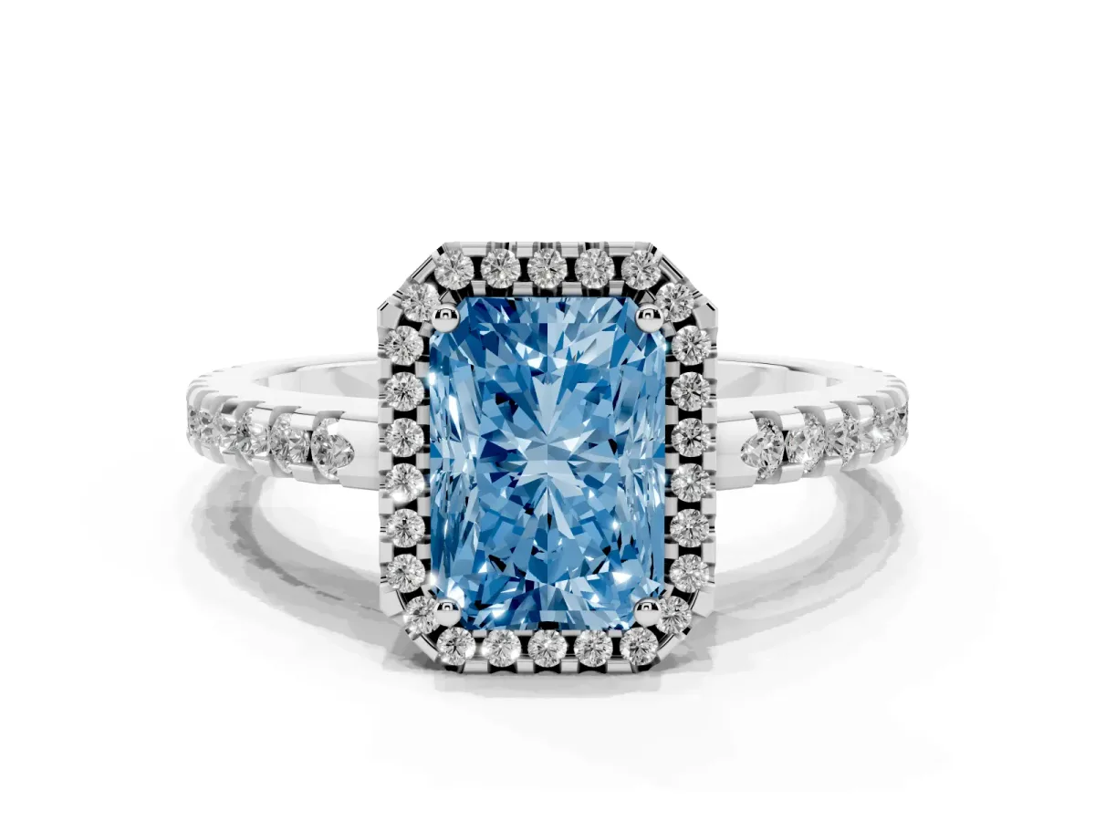 Fancy Blue Radiant Cut Diamond Halo Engagement Ring with Pavé Band and Prong Setting Platinum