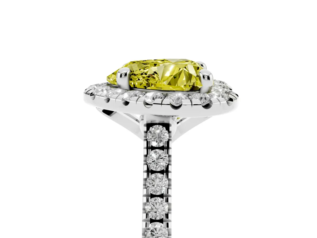 Fancy Yellow Heart Cut Diamond Cushion Halo Ring with Pavé Band Platinum
