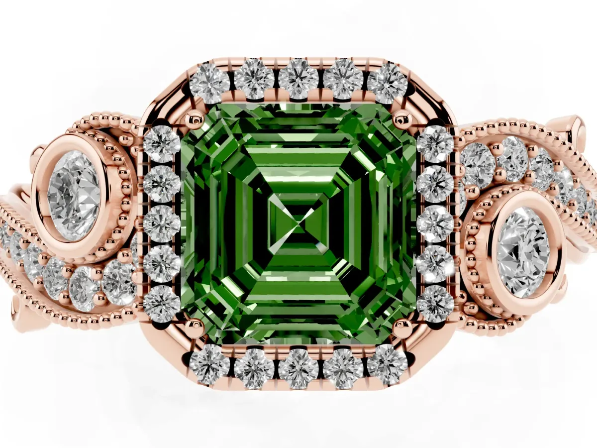 Fancy Green Asscher Cut Halo Diamond Ring with Milgrain and Bezel Accents on a Split Shank Band Rose gold