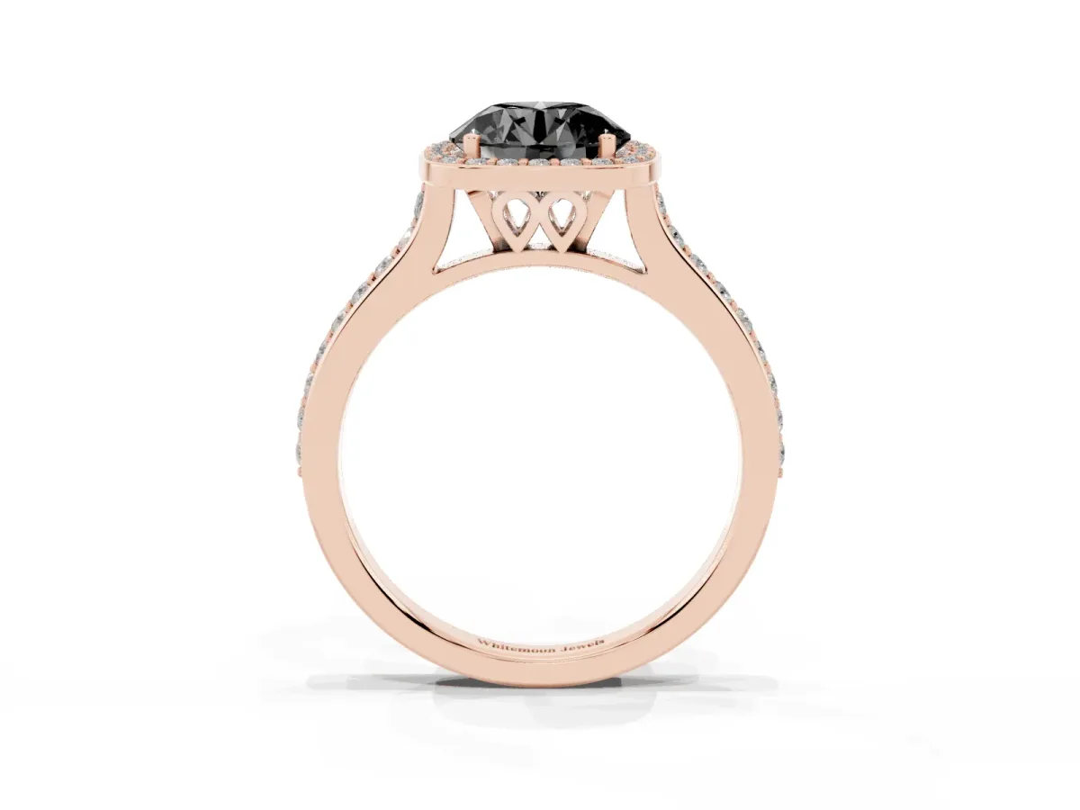 Fancy Black Round Cut Diamond Halo Engagement Ring with Round Pavé Shoulders and Prong Setting Rose gold