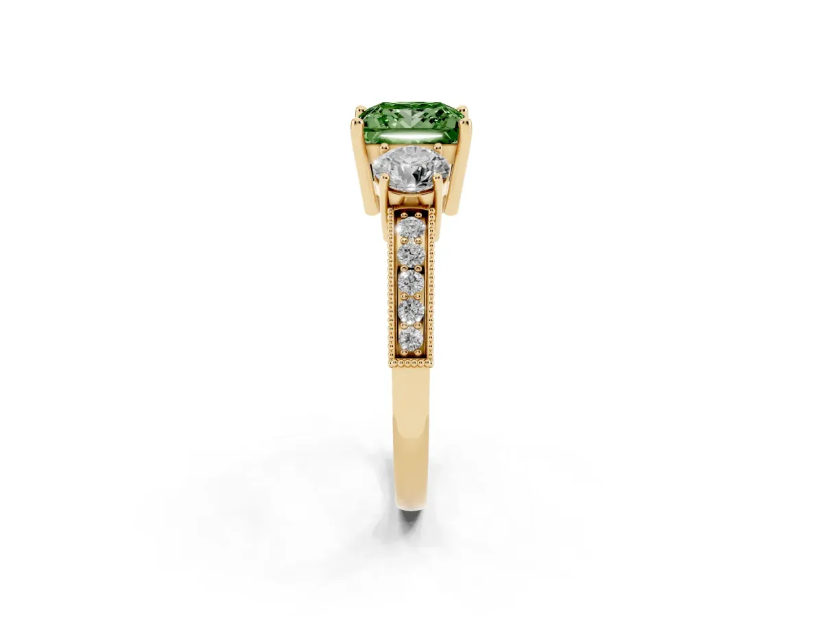 Fancy Green Princess Cut Three-Stone Diamond Ring with Pavé Band and Four-Prong Setting Yellow gold