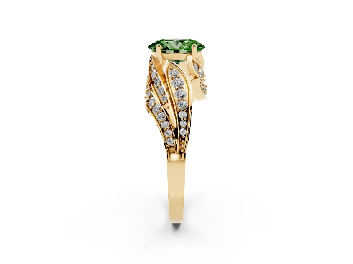 Fancy Green Oval Cut Diamond Solitaire Ring with Prong Setting and Twisted Pavé Band Yellow gold