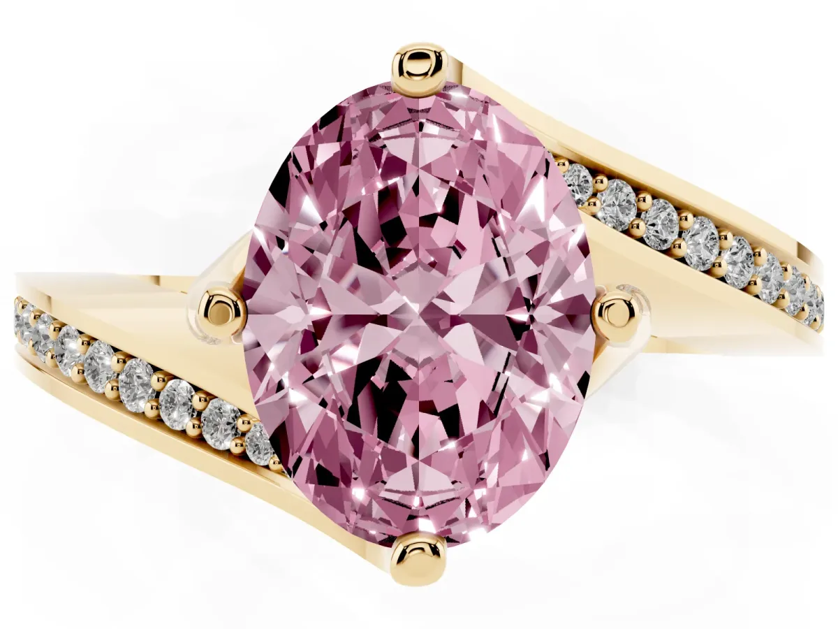 Fancy Pink Oval Cut Solitaire Diamond Twist Band with Pavé Setting and Four-Prong Setting Yellow gold