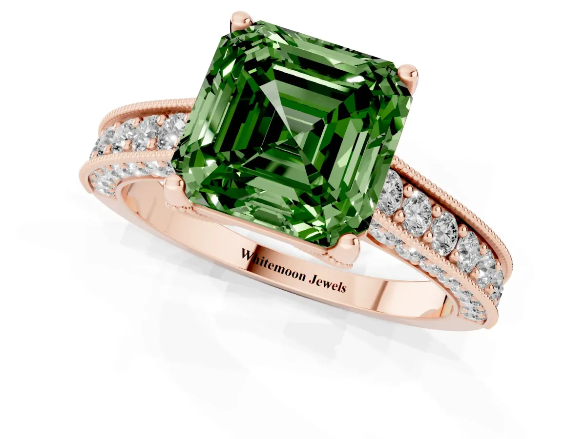 Fancy Green Asscher Cut Cut Diamond Solitaire Ring with Milgrain Pave Band and Four Prong Setting Rose gold