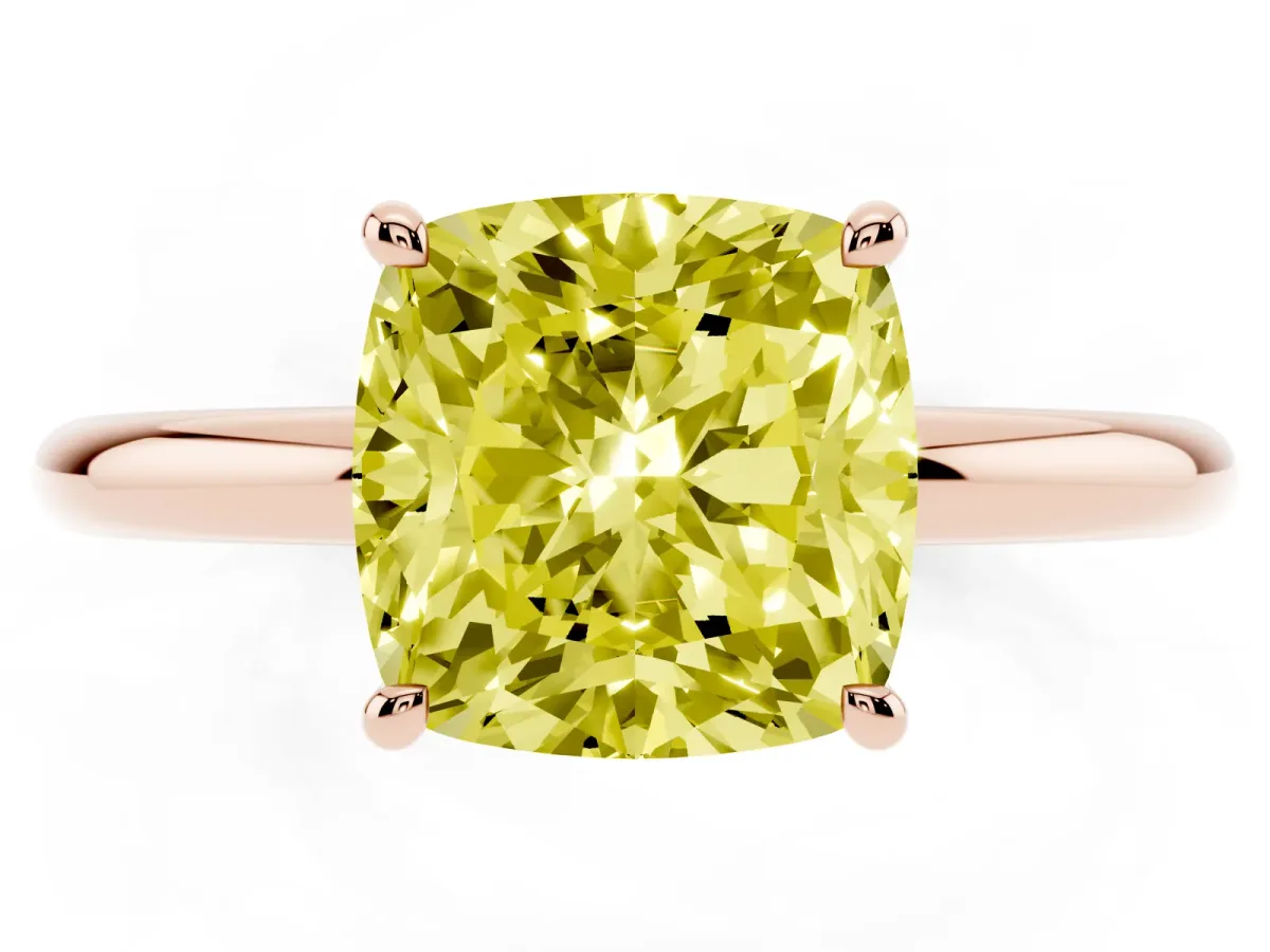 Fancy Yellow Cushion Cut Diamond Solitaire Ring with Thin Band and Four-Prong Setting Rose gold