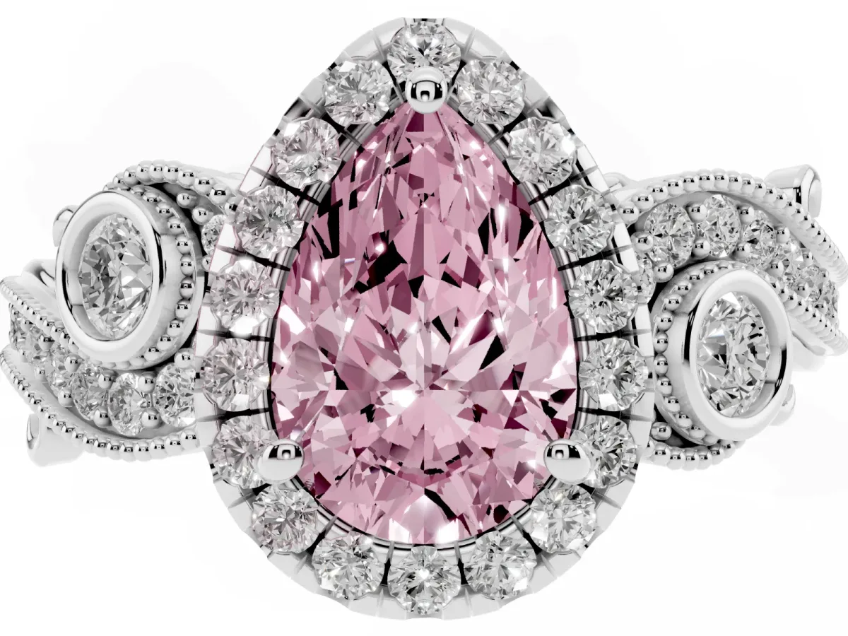 Fancy Pink Pear Cut Diamond Halo Ring with Milgrain Pavé Band and Four-Prong Setting Silver