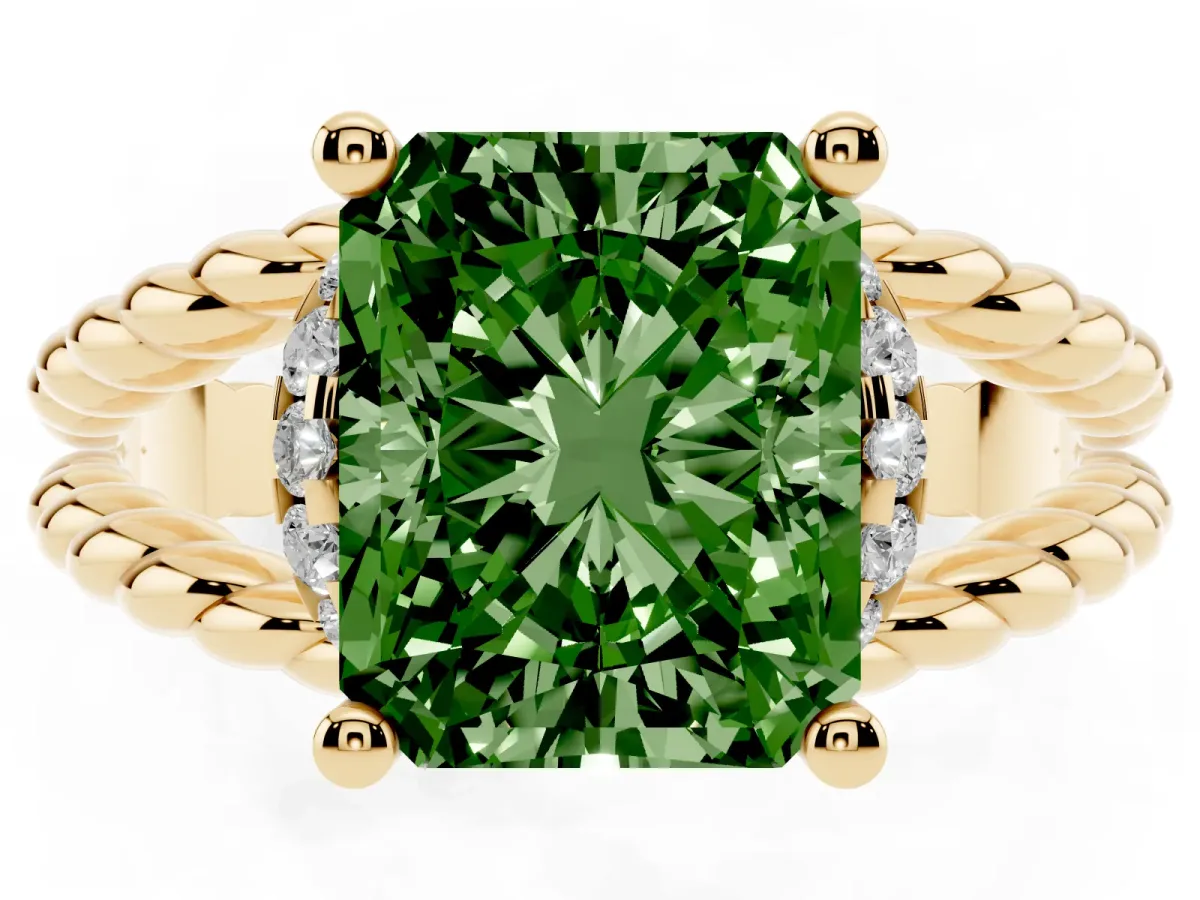 Fancy Green Radiant Cut Halo Twisted Band Four-Prong Ring Yellow gold