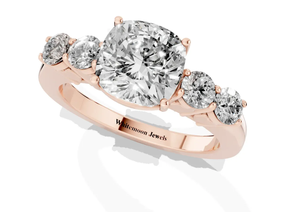 Cushion Cut Cut Diamond Five-Stone Prong Set White Gold Ring Rose gold