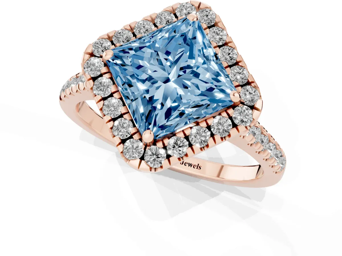 Fancy Blue Princess Cut Diamond Cushion Halo Ring with Pavé Band Rose gold