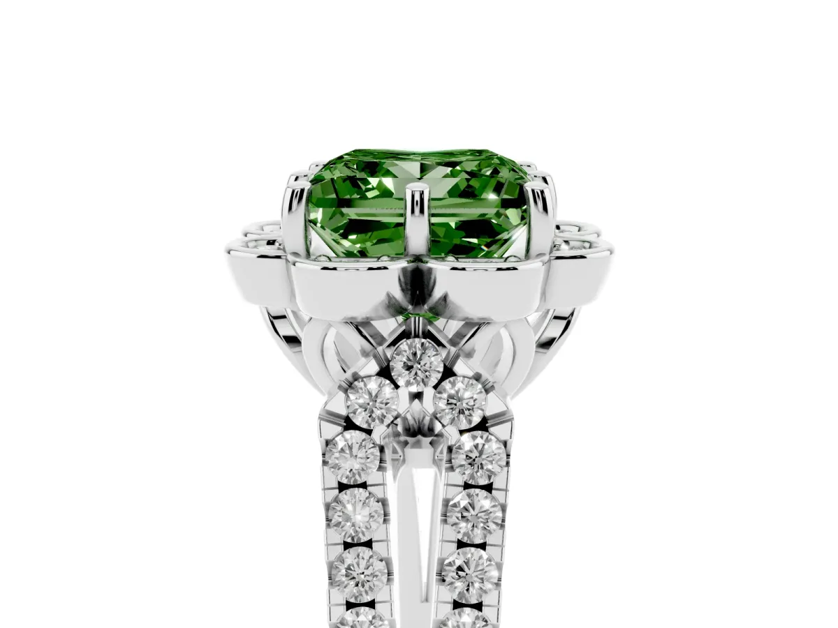 Fancy Green Princess Cut Halo Diamond Floral Split Shank Engagement Ring Silver