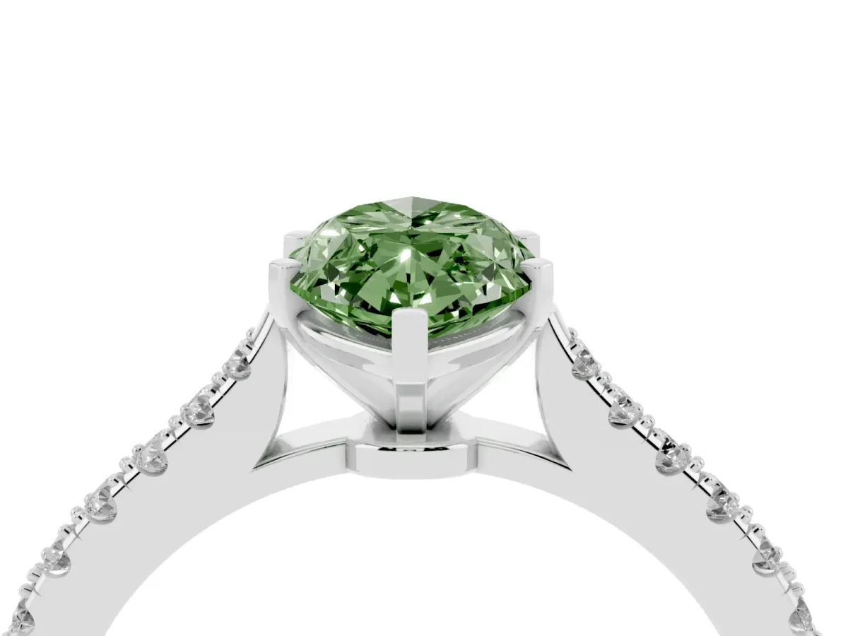 Fancy Green Marquise Cut Cut Solitaire Diamond Engagement Ring with Pave Band and Four-Prong Setting White gold